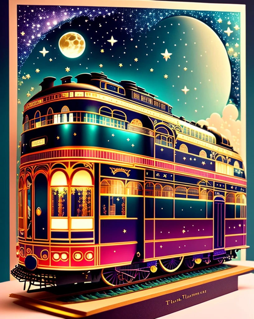 A fantastic vehicle that combines a steam locomotive and a tram. Delicate paper art. Three-dimensional. Colorful, delicate and beautiful curves. Wonderful. Night sky. Stars. Moon. Flowers. A world of fantasy.