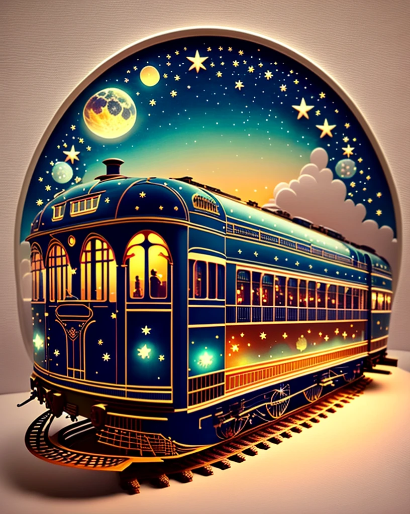 A fantastic vehicle that combines a steam locomotive and a tram. Delicate paper art. Three-dimensional. Colorful, delicate and beautiful curves. Wonderful. Night sky. Stars. Moon. Flowers. A world of fantasy.