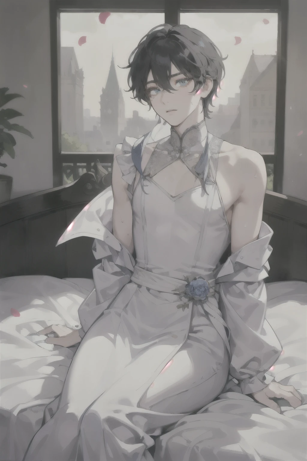 masterpiece, best quality, ultra detailed, (solo man), (male focus), ((Oblong face)), ((Square jawline)), black hair, ((hairs between eyes)), ((shoulder length)), ((narrow blue eye)), fair skin, skinny body, beauty mark, snfw, sweat skin, {uniform, outfit, clothes}, wedding dress, sitting on bed