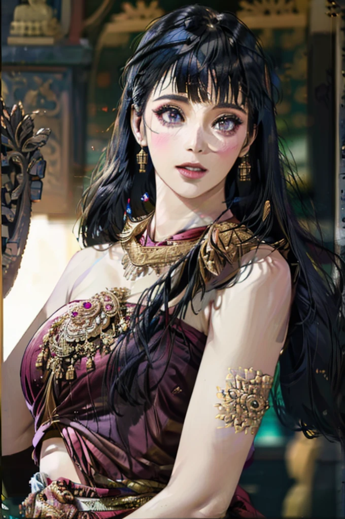 detailed face, detailed eyes, shiny skin, (extremely detailed 8k wallpaper),(8k, RAW photo, HDR, absurdres:1.2,best quality, masterpiece:1.2), (realistic, photo-realistic:1.37),best quality, realistic, photorealistic,ultra detailed,extremely detailed face,BRIGHT LIGHT,ultrawide shot, 8k uhd, dslr, soft lighting, high quality, film grain, Fujifilm XT3 tradition gold body strap, red sabai dress, thai traditional necklace, thai traditional bracelets, thai traditional belt, thai traditional earring, strapless thai traditional dress, temple,indoor,Statue of Buddha, ((blunt bangs)), dark blue hair, purple eyes, long hair, detailed face, ((1 girl))