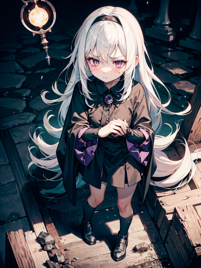 Witch girl, dark cloth,long white hair, jealous emotional, blush,holding a Magic wand, tsundere, purple eyes, medieval's house background, short skirt, long black socks, teenager appearance