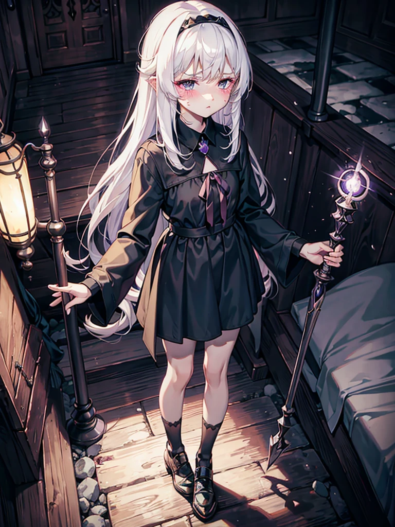 Witch girl, dark cloth,long white hair, jealous emotional, blush,holding a Magic wand, tsundere, purple eyes, medieval's house background, short skirt, long black socks, teenager appearance