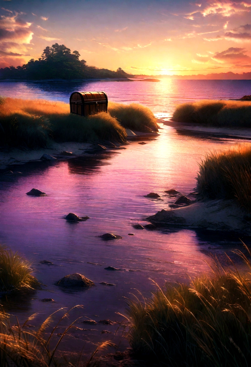 a scenic sunset landscape over the ocean, an island with a treasure chest on the sandy beach, a beautiful wetland in the foreground, dramatic lighting, vibrant colors, photorealistic, cinematic composition
