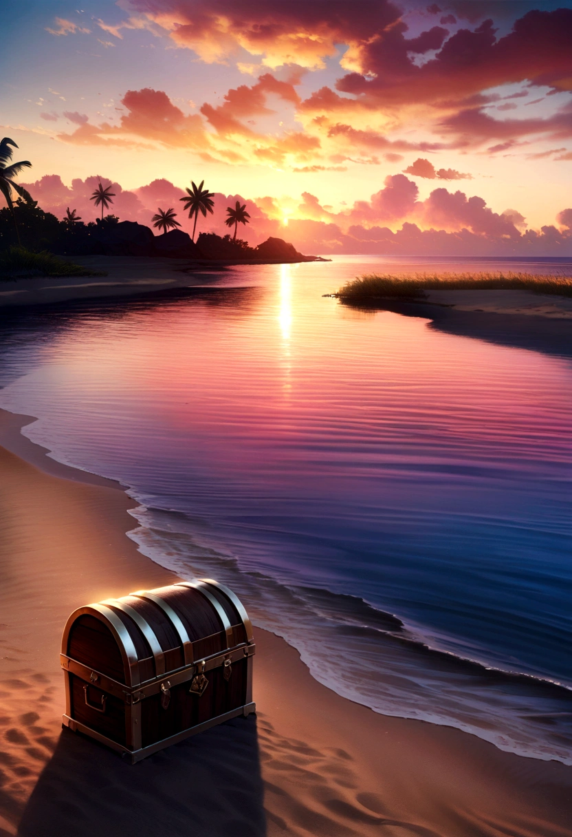 a scenic sunset landscape over the ocean, an island with a treasure chest on the sandy beach, a beautiful wetland in the foreground, dramatic lighting, vibrant colors, photorealistic, cinematic composition