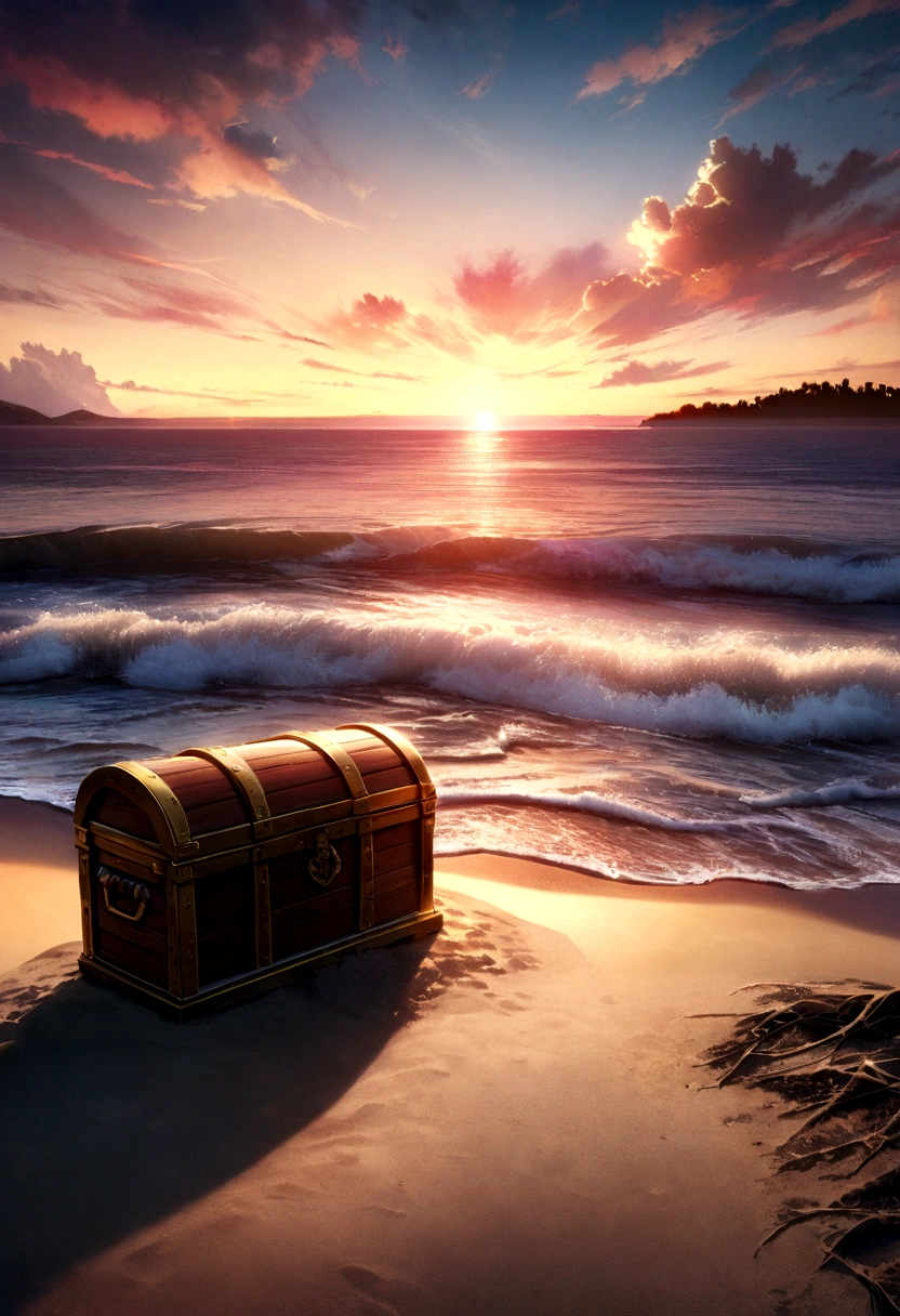 a scenic sunset landscape over the ocean, an island with a treasure chest on the sandy beach, a beautiful wetland in the foreground, dramatic lighting, vibrant colors, photorealistic, cinematic composition