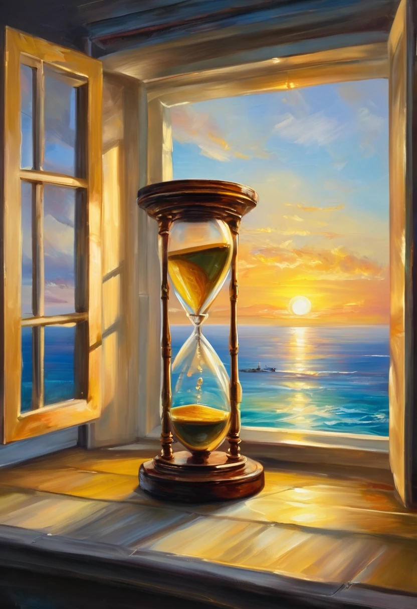 An oil painting，Great view from the window，sunrise，Ocean，horizon，peaceful，An hourglass is placed on the windowsill