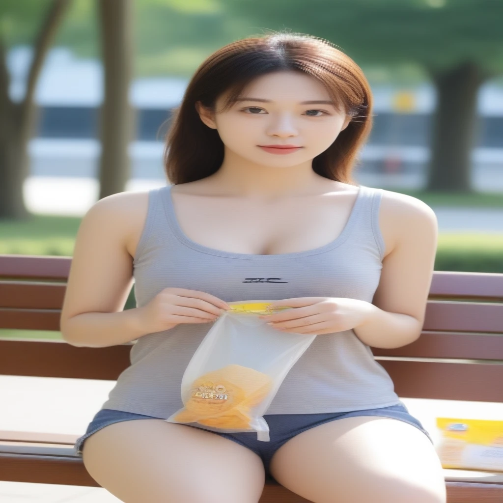 close-up of beautiful korean female, 34 inch breasts size, wearing gray tank top, shorts, sitting crosses legs on a bench, holding snack bag, sunshine light, bokeh background, UHD