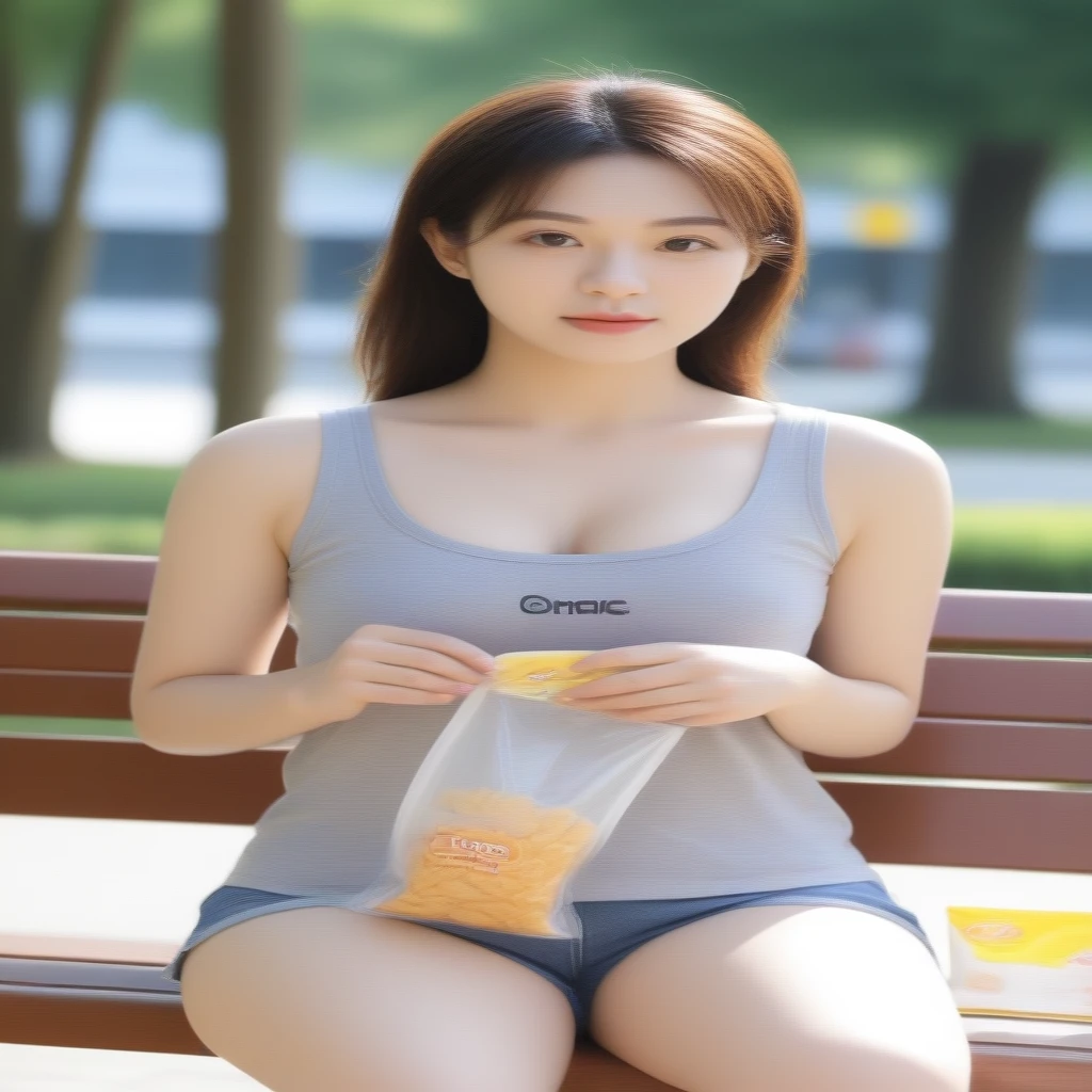 close-up of beautiful korean female, 34 inch breasts size, wearing gray tank top, shorts, sitting crosses legs on a bench, holding snack bag, sunshine light, bokeh background, UHD