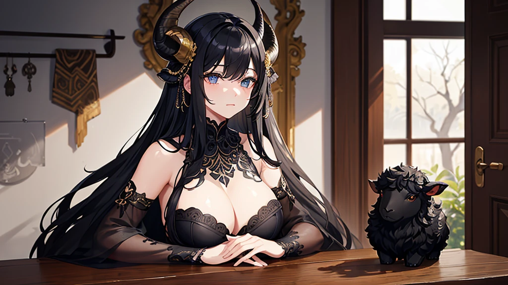 A black mask with sheep details sits atop a wooden table. The mask’s surface is textured to resemble the wool of a black sheep, with intricate, realistic details. Large, expressive eyes and curved horns add to its striking appearance. Delicate tribal patterns are etched around the eyes and along the horns, enhancing its mystical aura. The mask exudes a sense of power and tradition, captivating all who gaze upon it.