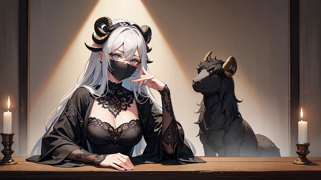 A black mask with sheep details sits atop a wooden table. The mask’s surface is textured to resemble the wool of a black sheep, with intricate, realistic details. Large, expressive eyes and curved horns add to its striking appearance. Delicate tribal patterns are etched around the eyes and along the horns, enhancing its mystical aura. The mask exudes a sense of power and tradition, captivating all who gaze upon it.