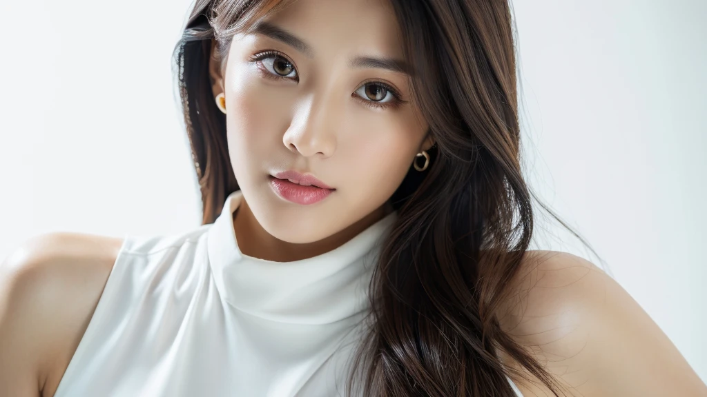 (detailed face),VIVID,normal breasts,pretty,sleeveless and turtle neck white silky clothes,4k ,super high resolution ,(photo-realistic: 1.7),white background,long hair,