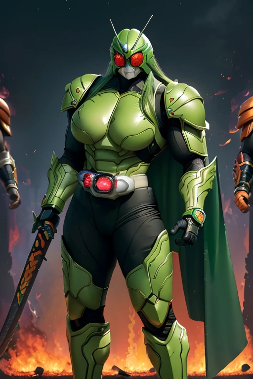 ((((Massive, beautiful, buff, muscular light brown skinned female kamen rider with long green hair, black lipstick, ginormous bulky muscles, holding a fire sword katana and wearing a gleaming green kamen rider armored suit with pants)))), {close view}, black eyeliner, massive muscles, large breast, massive biceps, hyper muscle triceps, (long curvy hair), orange eyes, kamen rider boots, (In a dilapidated city), (kamen rider armor), (cape), nighttime, closed smile, hyper muscles arms, hyper muscle legs, ginormous arms