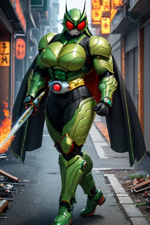 ((((Massive, beautiful, buff, muscular light brown skinned female kamen rider with long green hair, black lipstick, ginormous bulky muscles, holding a fire sword katana and wearing a gleaming green kamen rider armored suit with pants)))), {close view}, black eyeliner, massive muscles, large breast, massive biceps, hyper muscle triceps, (long curvy hair), orange eyes, kamen rider boots, (In a dilapidated city), (kamen rider armor), (cape), nighttime, closed smile, hyper muscles arms, hyper muscle legs, ginormous arms