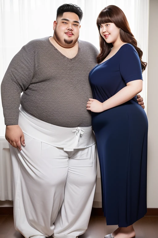 186cm 105kg thin man with abdominal obesity, ((140kg obese woman)), A friendly extremely obese man and woman couple, photorealistic, 8K