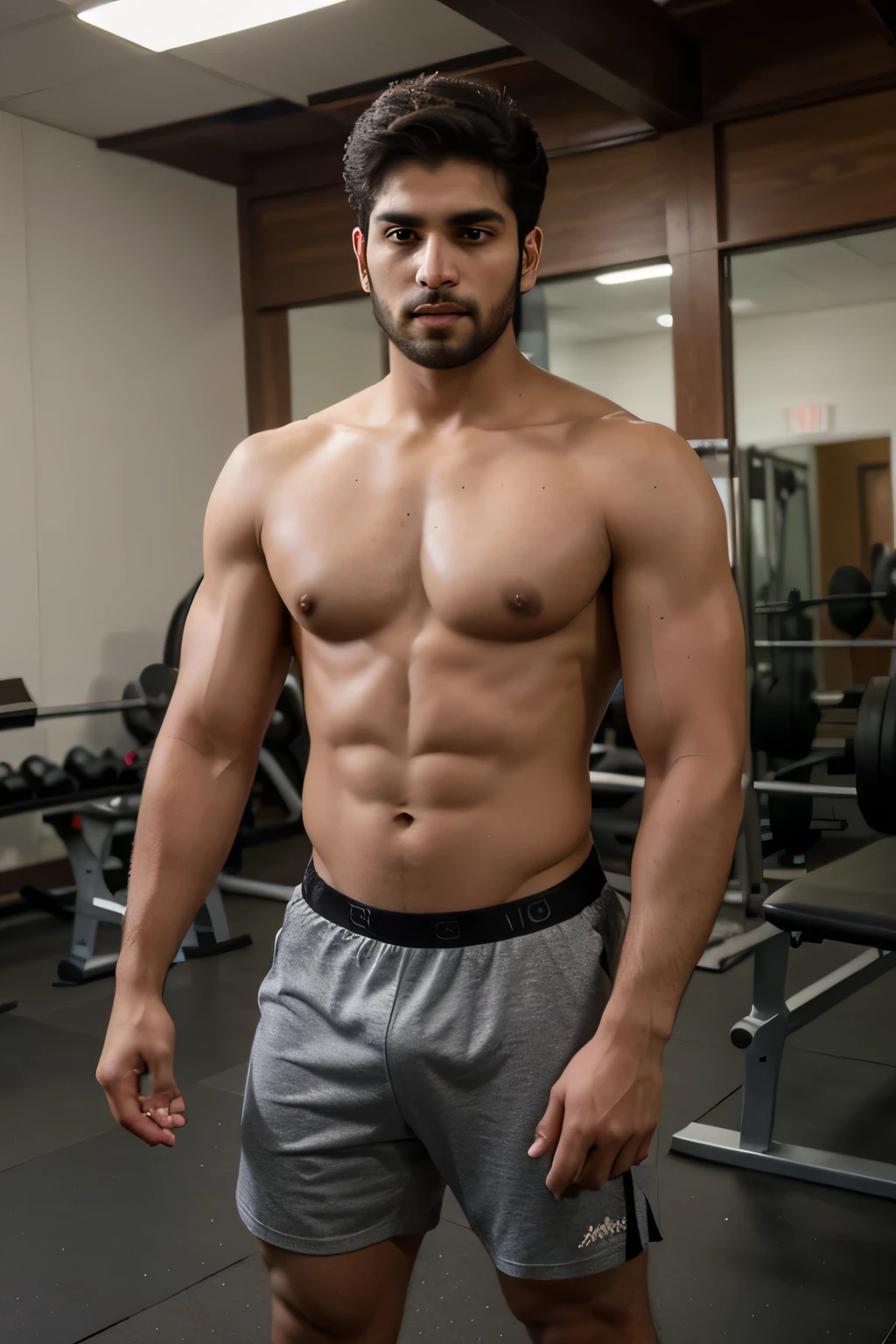 ((best quality)), ((masterpiece)), (detailed), a 23 years old Indian handsome boy very handsome working out in gym full pic