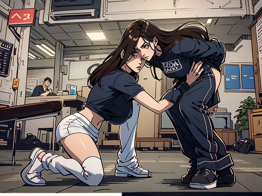 1 man 1 girl Manga comic sensual brunette girl Straight loose hair, blue eyes wet white t-shirt, black tabled skirt In a sensual pose, she teach self defense knee with a woden dummy (bigboob big ass) (wet t-shirt) (highly detailed) (concept art) (manga) (anime) (draw) (face anime detailed) (comics)