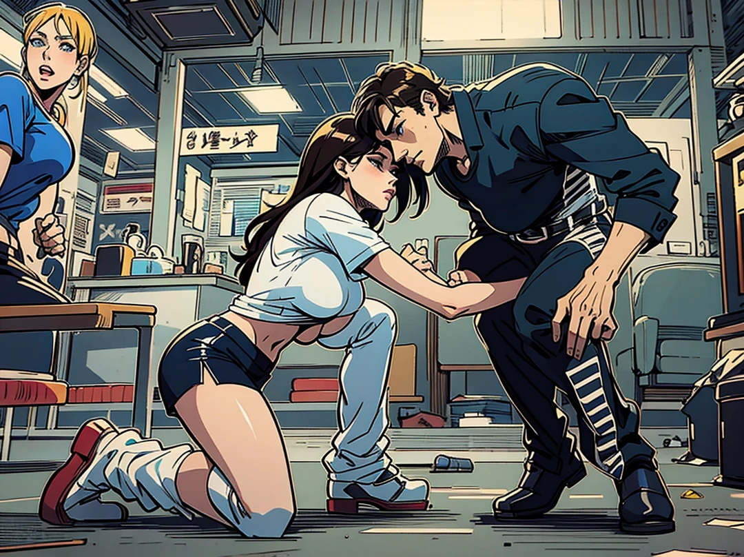 1 man 1 girl ;Sexy Manga comic sensual brunette girl blue eyes wet white t-shirt v-neckline, black latex skirt and high heels boots she is squeezing a man in his groin(nsfw)(bigboob)(highly detailed) (concept art) (manga) (anime) (draw) (face anime detailed) (comics)(ballbusting)(wet t-shirt) (wet girl) (nipples) 