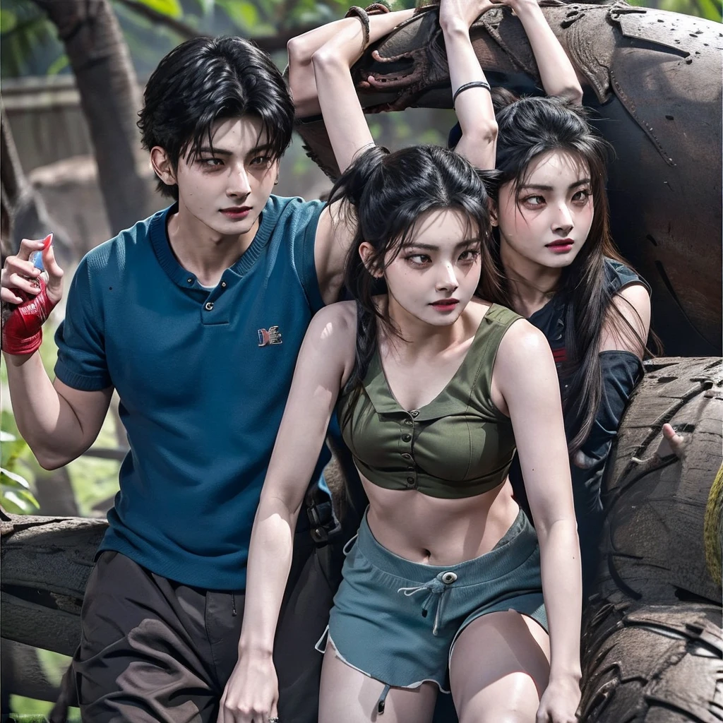 Chica linda como wang yiren,  with her boyfriend jeon jungkook ,  looking happy in jurassic park 