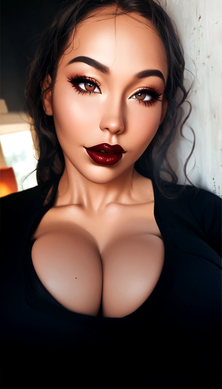 a close up of a woman with a big breast and a black top, cleavage, thick lips, portrait sophie mudd, sie boob, jaw-dropping beauty, sexy girl with dark complexion, thick red lips, large full lips, deep red lips, jaw dropping beauty, retouched in photoshop, 🤤 girl portrait, sexy face, sexy lips, female