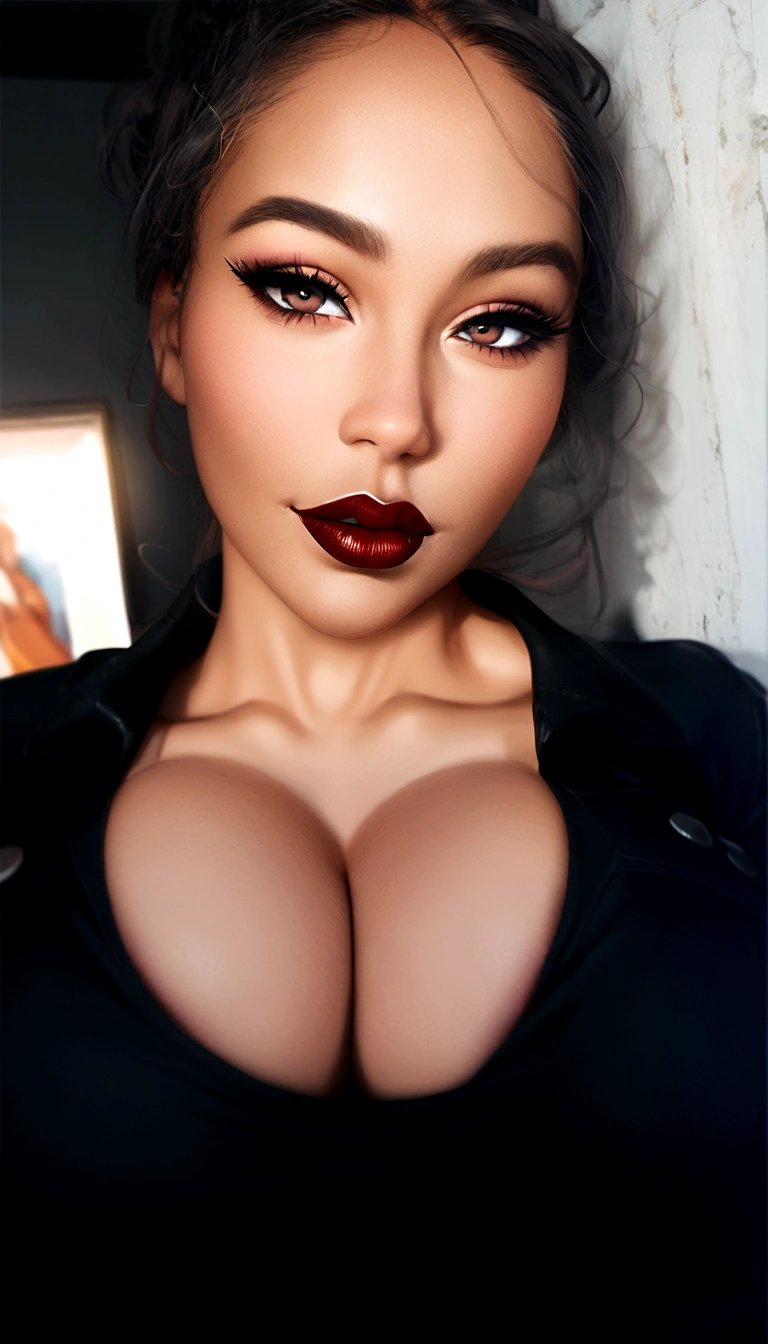 a close up of a woman with a big breast and a black top, cleavage, thick lips, portrait sophie mudd, sie boob, jaw-dropping beauty, sexy girl with dark complexion, thick red lips, large full lips, deep red lips, jaw dropping beauty, retouched in photoshop, ๐คค girl portrait, sexy face, sexy lips, female