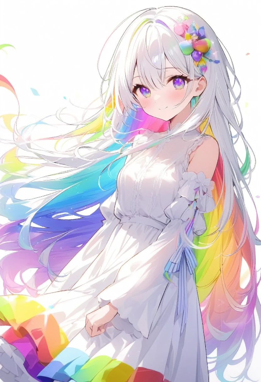 Rainbow colors、Bright colors、Colorful、mysteriouysteriousな色、White Hair、Bright white hair、White Hairの毛、Rainbow colorsの髪、Long Hair、beautiful、Rainbow colorsの目、Bright colorsの目、Colorfulな目、beautifulな目、White background、White Background、child、Rainbow colors、White clothing、Can be various colorr.々The image of having the ability to become a、っぽい、Smile a little、Smiling a little