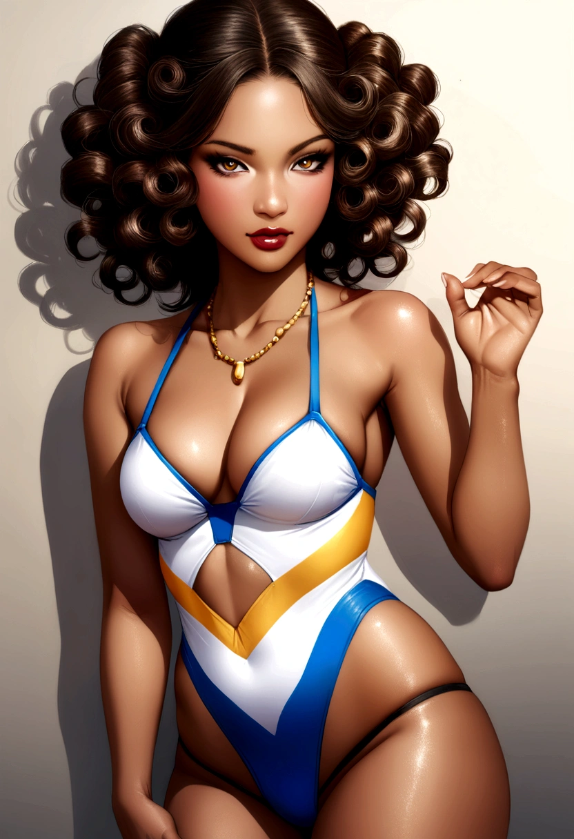 a realistic West Indian woman with curly hair ,sexy in swimsuit, aged 19