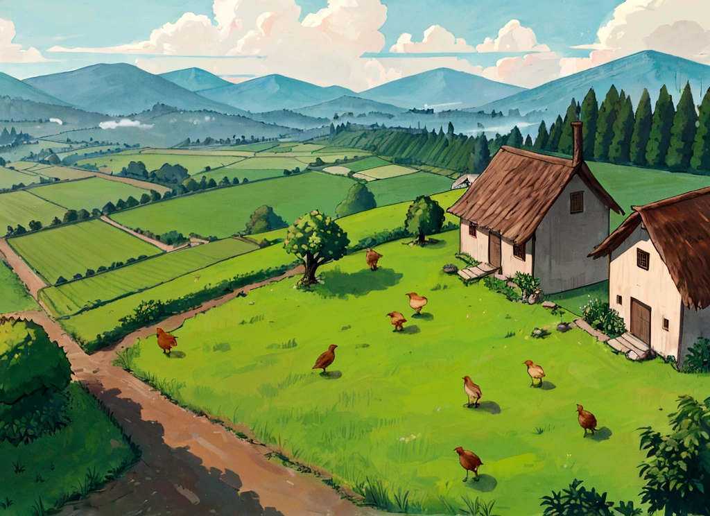 On a flat area between the mountains, rows of old but clean thatched cottages were neatly arranged.Thin smoke wafted from the rooftops. Nearby were fertile farmlands in square plots, crisscrossed by rural paths, with an old yellow ox grazing. There were shimmering beautiful ponds, groves of mulberry trees and bamboo, and birds flying across the sky. In the early morning, mist lingered in the air