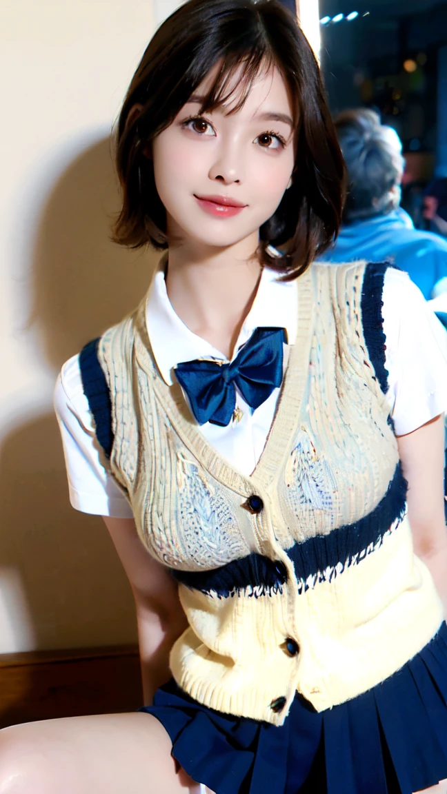 (masterpiece:1.2, Highest quality), (Realistic, photoRealistic:1.4), Beautiful illustrations, (Natural Side Lighting, Cinema Lighting), Written boundary depth, Looking at the audience, Front view, 1 Girl, English, high school girl, 20-year-old, Perfect Face, Symmetrical cute face, Shiny skin, Spread your legs, (Bob Hair:1.7,blonde), Asymmetrical bangs, Big eyes, Droopy eyes, long eyelashes chest), thin, Beautiful Hair, Beautiful Face, Beautiful and beautiful eyes, Beautiful clavicle, Beautiful body, Beautiful breasts, Beautiful thighs, Beautiful feet, Beautiful fingers, ((High quality fabric, brown knit vest, Short sleeve white collar shirt, Navy Pleated Skirt, Navy bow tie)), (Beautiful views), evening, (Inside the flower shop), Are standing, (smile, Excellent, Open your mouth), (((Skirt flip, No pants, Genitals are visible))), Full Body Shot, Dark blue socks, Sexy Face, Inverted nipples,