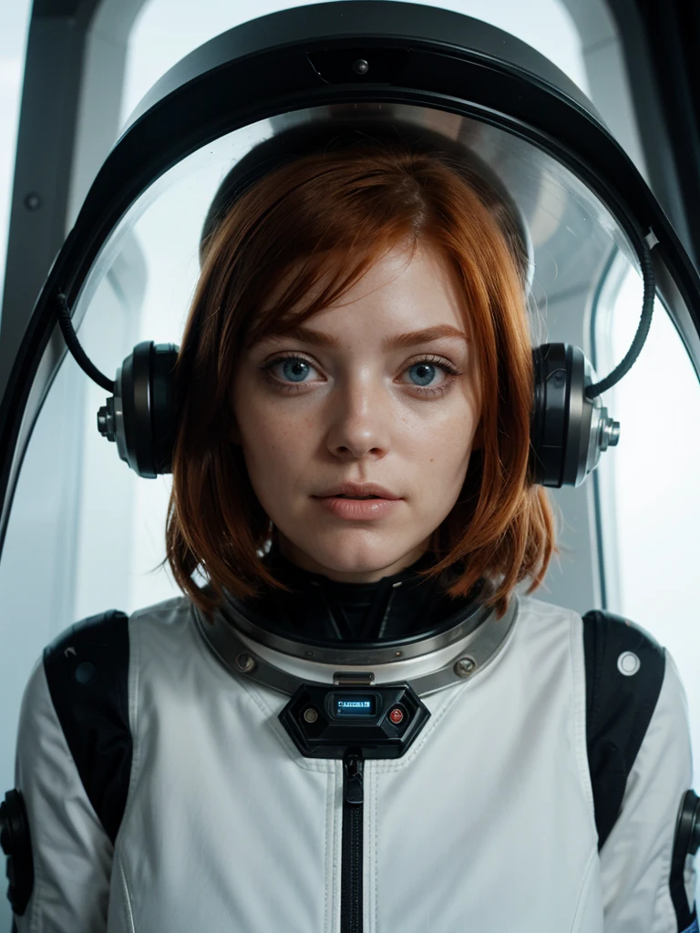 photo of a ginger woman, in space, futuristic space suit, (freckles:0.8) cute face, sci-fi, dystopian, detailed eyes, blue eyes