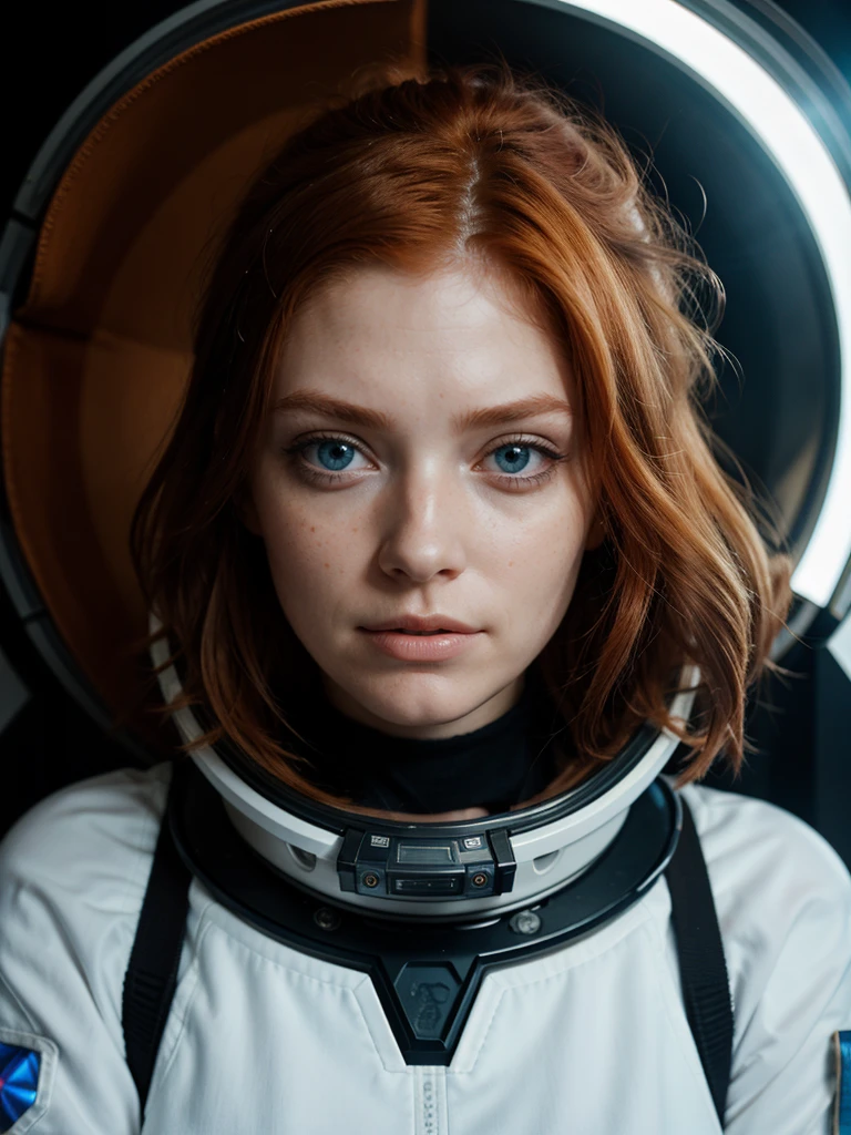 photo of a ginger woman, in space, futuristic space suit, (freckles:0.8) cute face, sci-fi, dystopian, detailed eyes, blue eyes