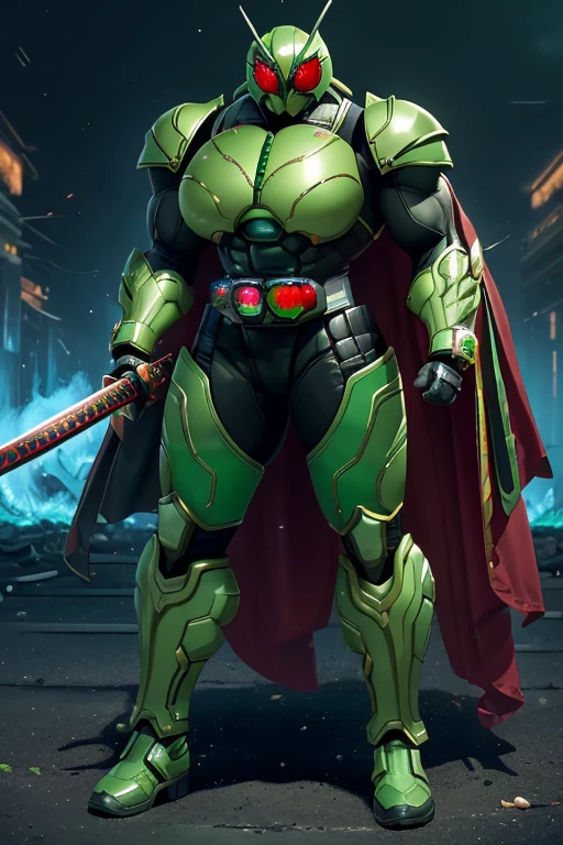 ((((Massive, beautiful, buff, muscular light brown skinned female kamen rider with green hair, black lipstick, ginormous bulky muscles, holding a fire sword katana and wearing a gleaming green kamen rider armored suit with pants)))), {close view}, black eyeliner, massive muscles, large breast, massive biceps, hyper muscle triceps, (long curvy hair), orange eyes, kamen rider boots, (In a dilapidated city), (kamen rider armor), (cape), nighttime, closed smile, hyper muscles arms, hyper muscle legs, ginormous arms