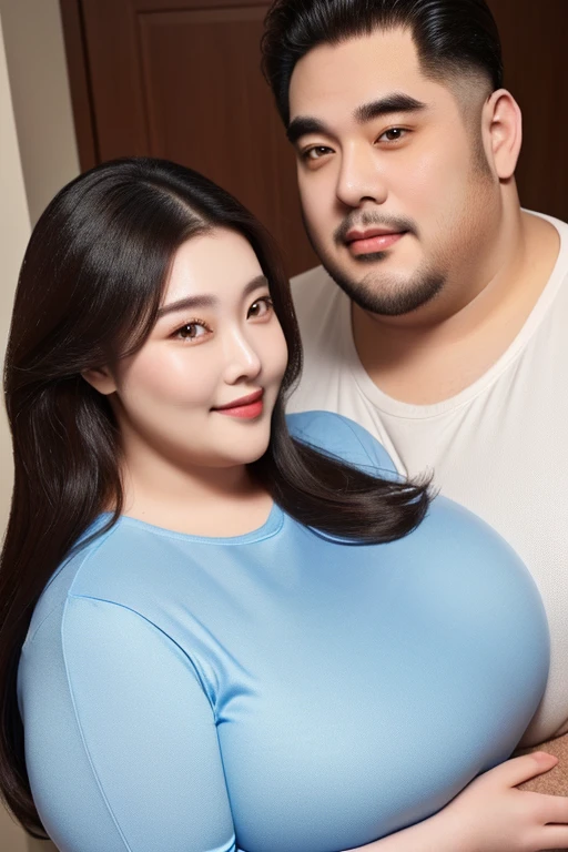 186cm 105kg thin man with abdominal obesity, ((140kg upper body obese woman)), A friendly extremely obese man and woman couple, photorealistic, 8K