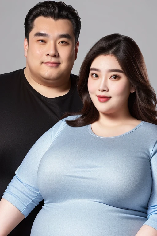 186cm 105kg thin man with abdominal obesity, ((140kg upper body obese woman)), A friendly extremely obese man and woman couple, photorealistic, 8K