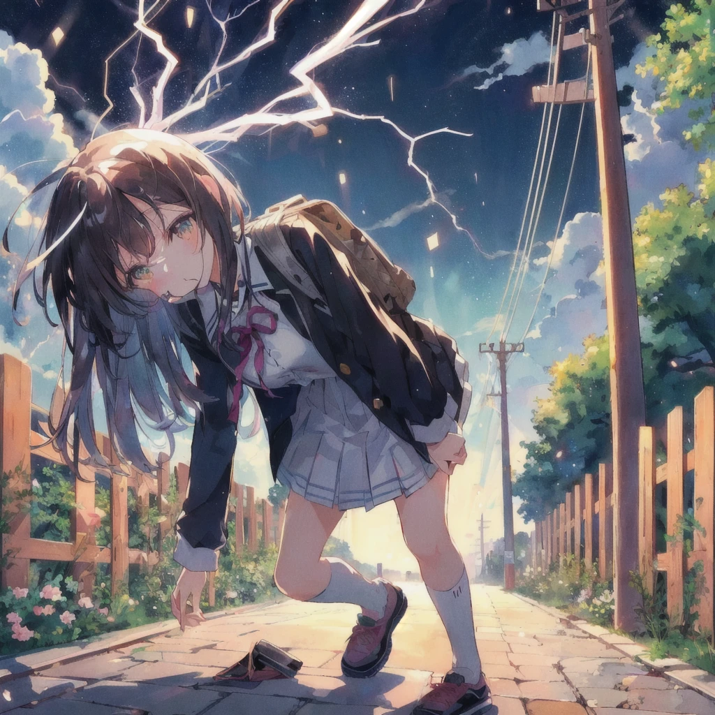 Anime girl walking down the street with a backpack, The person who was struck by lightning and lost consciousness had no pupils in their eyes.,Crazy face with mouth wide open,,lightning,Only the whites of the eyes,anime lighting, 4K Manga Wallpapers, Anime Wallpaper, Anime Style 4k, 4KAnime Wallpaper, 彼女はlightningを引き付けています, 彼女の後ろでlightningが光る, Anime Wallpaper4k, Anime Wallpaper 4k, anime art wallpaper 4k, anime art wallpaper 4k, Railgun