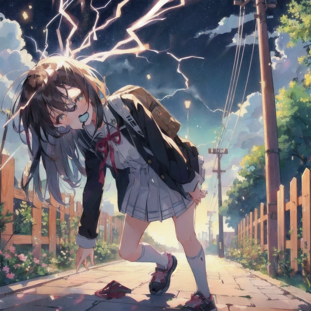 Anime girl walking down the street with a backpack, The person who was struck by lightning and lost consciousness had no pupils in their eyes.,Crazy face with mouth wide open,,lightning,Only the whites of the eyes,anime lighting, 4K Manga Wallpapers, Anime Wallpaper, Anime Style 4k, 4KAnime Wallpaper, 彼女はlightningを引き付けています, 彼女の後ろでlightningが光る, Anime Wallpaper4k, Anime Wallpaper 4k, anime art wallpaper 4k, anime art wallpaper 4k, Railgun