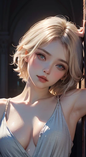 (UHD, retina, masterpiece, accurate, anatomically correct, textured skin, super detail, high details, high quality, best quality, highres, 1080P, HD, 4K, 8k, 16k), (beautiful detailed eyes, beautiful detailed lips, extremely detailed eyes and face), studio lighting, physically-based rendering, vivid colors of a skinny priestess (skimpy priestess robes, low cut, bare shoulders), (portrait, shiny platinum blonde hair, shiny skin), (temple, a beautiful chapel of light), (tilt your head to the side:1.5), eye reflection, (blush:1.5), (fantasy art, pale skin:1.5), monochrome, (young slender girl:1.5),