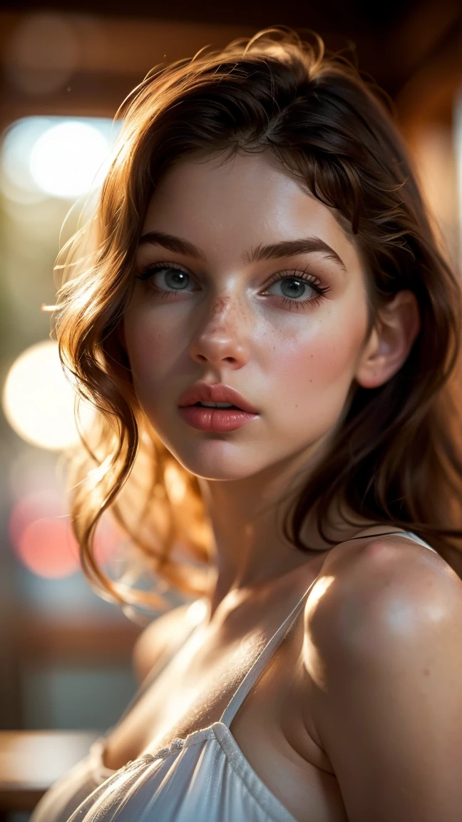 (((ultra realistic))) Photo, Masterpiece, Superior quality, (pale skin), (ultra detailed face and eyes.:1.3), 1 girl, adult, on a t-shirt, (eye makeup, mask) , ((big detailed lips)), ((ash wavy hair)), ((Chiolka)) , (natural breasts), thin waist. ((posing)), selfie, free area, night,(soft lighting), (The game of lights and shadows), depth of field, bokeh, (Special attention to leather details.: 1.2), detailed leather texture, skin pores. (Airy frame environment.. Color range: delicate, bright, White, Pink tones), DR, ((film grain)), ((good heavens)), ((sun glare)), ((portrait from the waist up, close to the camera)) , ultra detialed, summer dress, whole body