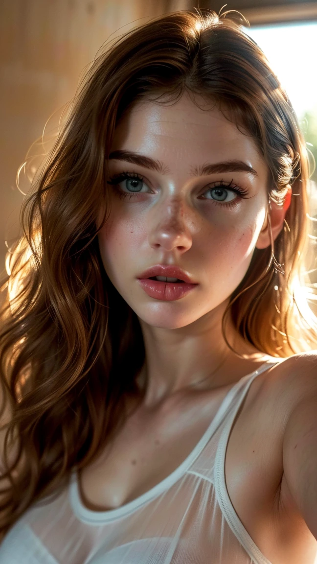 (((ultra realistic))) Photo, Masterpiece, Superior quality, (pale skin), (ultra detailed face and eyes.:1.3), 1 girl, adult, on a t-shirt, (eye makeup, mask) , ((big detailed lips)), ((ash wavy hair)), ((Chiolka)) , (natural breasts), thin waist. ((posing)), selfie, free area, night,(soft lighting), (The game of lights and shadows), depth of field, bokeh, (Special attention to leather details.: 1.2), detailed leather texture, skin pores. (Airy frame environment.. Color range: delicate, bright, White, Pink tones), DR, ((film grain)), ((good heavens)), ((sun glare)), ((portrait from the waist up, close to the camera)) , ultra detialed, summer dress, whole body