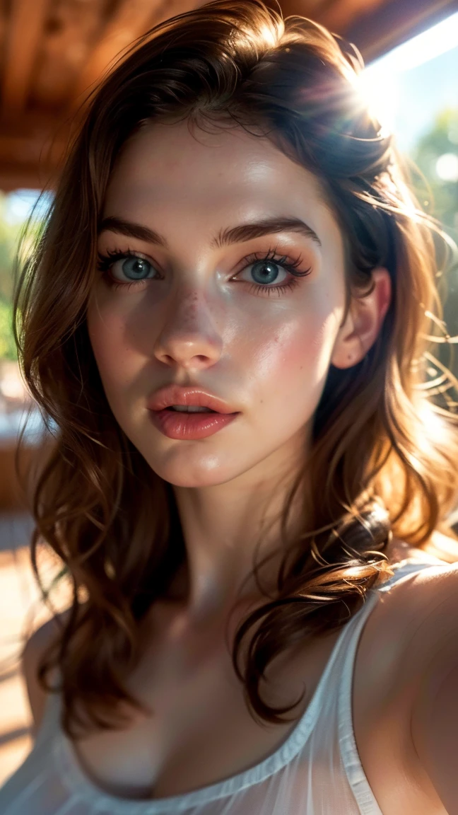 (((ultra realistic))) Photo, Masterpiece, Superior quality, (pale skin), (ultra detailed face and eyes.:1.3), 1 girl, adult, on a t-shirt, (eye makeup, mask) , ((big detailed lips)), ((ash wavy hair)), ((Chiolka)) , (natural breasts), thin waist. ((posing)), selfie, free area, night,(soft lighting), (The game of lights and shadows), depth of field, bokeh, (Special attention to leather details.: 1.2), detailed leather texture, skin pores. (Airy frame environment.. Color range: delicate, bright, White, Pink tones), DR, ((film grain)), ((good heavens)), ((sun glare)), ((portrait from the waist up, close to the camera)) , ultra detialed, summer dress, whole body