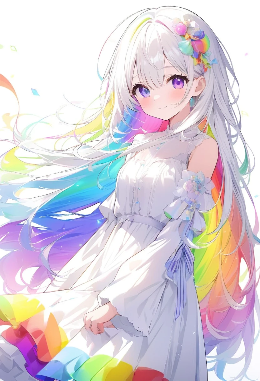 Rainbow colors、Bright colors、Colorful、mysterious、mysteriousな色、White Hair、Bright white hair、White Hairの毛、Rainbow colorsの髪、Long Hair、beautiful、Rainbow colorsの目、Bright colorsの目、Colorfulな目、beautifulな目、White background、White Background、child、Rainbow colors、White clothing、Can be various colors、Mr.々The image of having the ability to become a、っぽい、Smile a little、Smiling a little