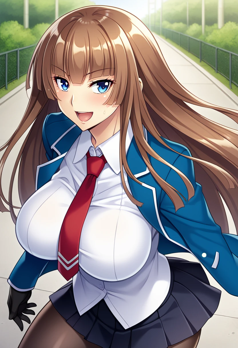 score_9, score_8_up, score_7_up, source_anime, game cg, aoi_nagisa_\(metalder\), BREAK solo, 1girl, koukawa asuka, brown hair, long hair, blue eyes, bangs, side bangs, (huge breasts:0.8), medium body, BREAK school_uniform, blue open jacket, underbust, white collared blouse, red long necktie, black gloves, black pleated skirt, black pantyhose, BREAK happy, open mouth, outside, street, cowboy shot,