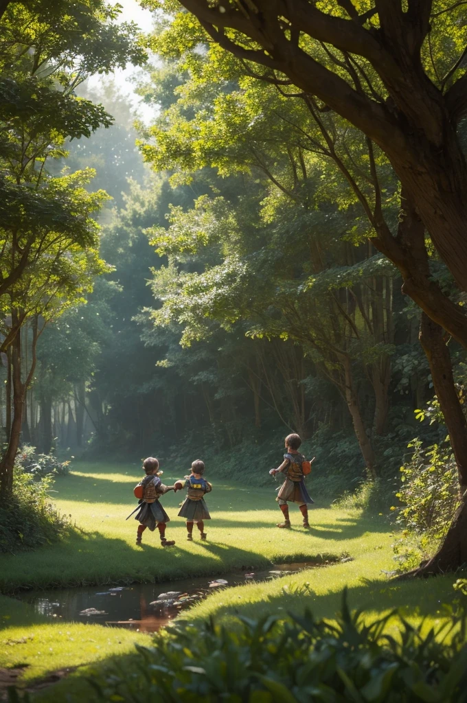 Two warrior boys playing in an enchanted forest village in the morning