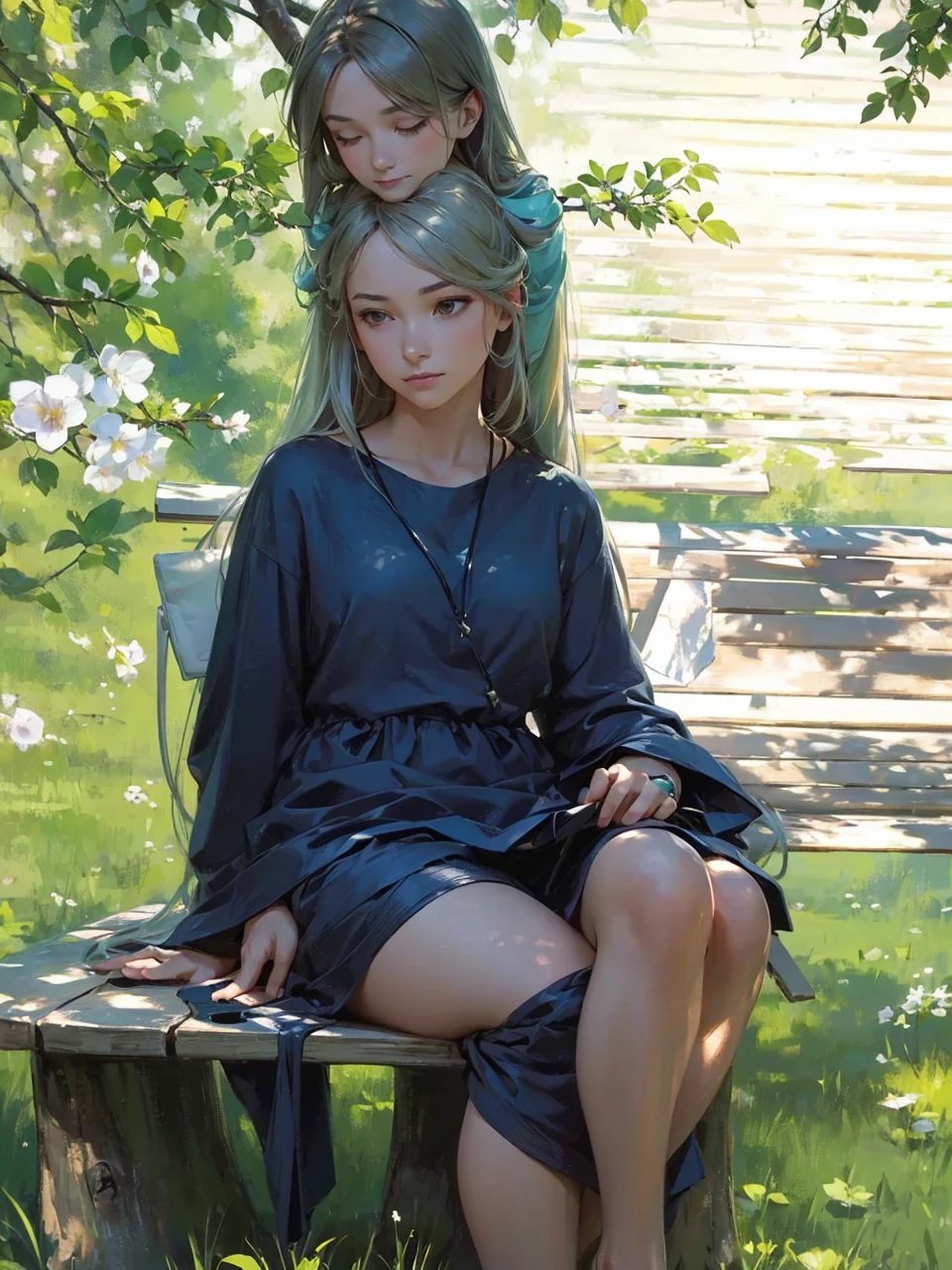 a beautiful girl sitting on a bench under a birch tree, detailed facial features, delicate skin, flowing hair, elegant dress, contemplative expression, lush green grass, soft sunlight, serene atmosphere, photorealistic, 4k, highly detailed, vivid colors, natural lighting, masterpiece