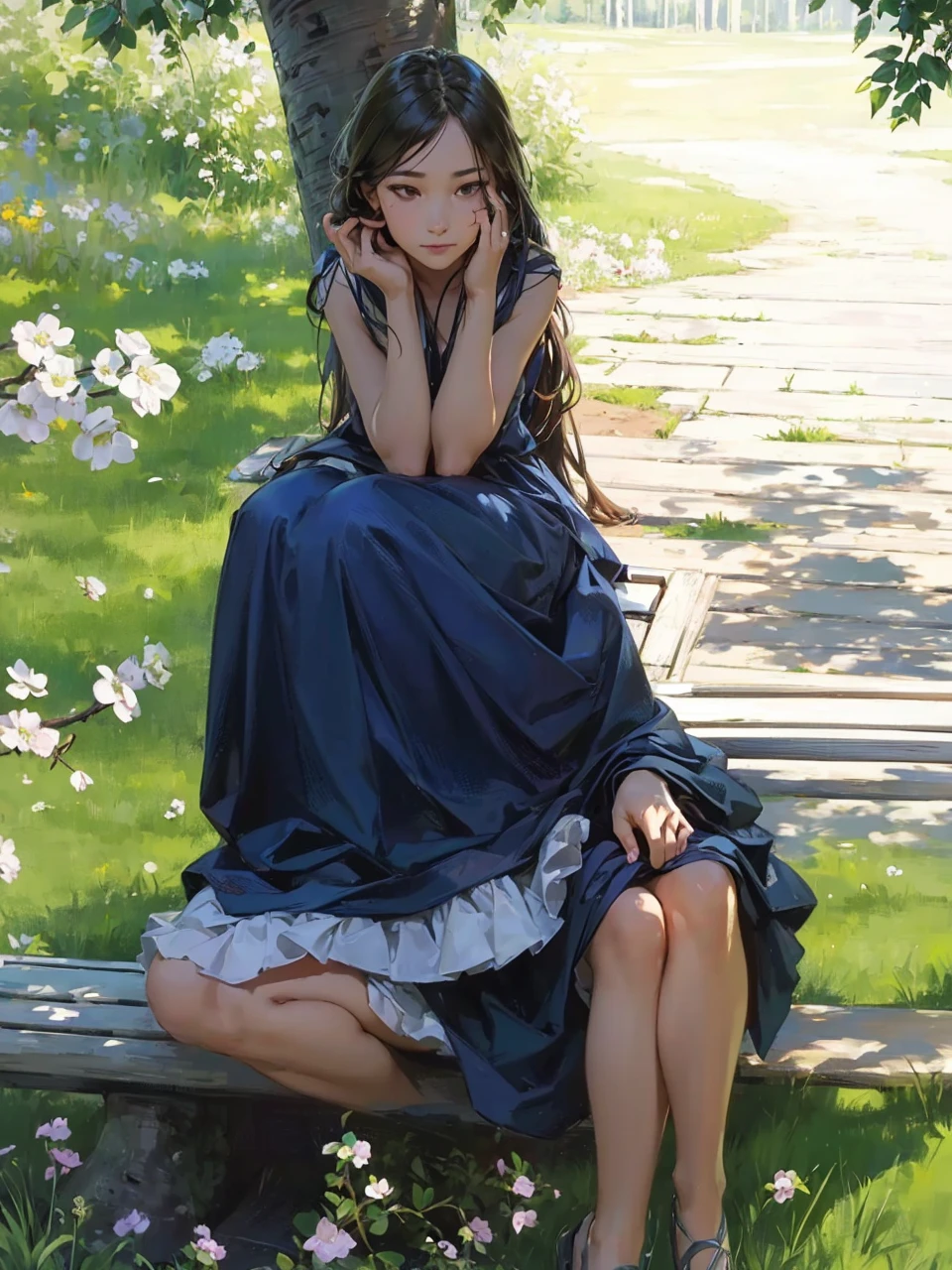 a beautiful girl sitting on a bench under a birch tree, detailed facial features, delicate skin, flowing hair, elegant dress, contemplative expression, lush green grass, soft sunlight, serene atmosphere, photorealistic, 4k, highly detailed, vivid colors, natural lighting, masterpiece