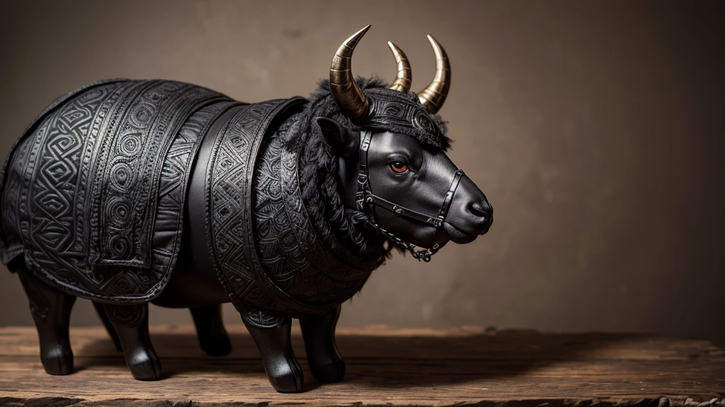 A black mask with sheep details sits atop a wooden table. The mask’s surface is textured to resemble the wool of a black sheep, with intricate, realistic details. Large, expressive eyes and curved horns add to its striking appearance. Delicate tribal patterns are etched around the eyes and along the horns, enhancing its mystical aura. The mask exudes a sense of power and tradition, captivating all who gaze upon it.