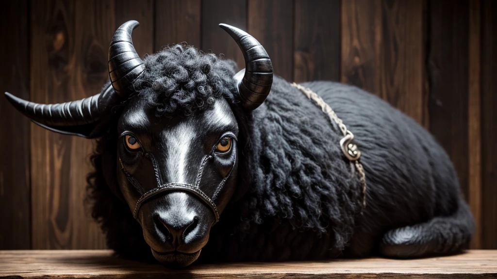 A black mask with sheep details sits atop a wooden table. The mask’s surface is textured to resemble the wool of a black sheep, with intricate, realistic details. Large, expressive eyes and curved horns add to its striking appearance. Delicate tribal patterns are etched around the eyes and along the horns, enhancing its mystical aura. The mask exudes a sense of power and tradition, captivating all who gaze upon it.