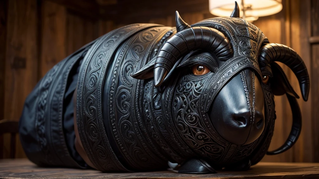 A black mask with sheep details sits atop a wooden table. The mask’s surface is textured to resemble the wool of a black sheep, with intricate, realistic details. Large, expressive eyes and curved horns add to its striking appearance. Delicate tribal patterns are etched around the eyes and along the horns, enhancing its mystical aura. The mask exudes a sense of power and tradition, captivating all who gaze upon it.