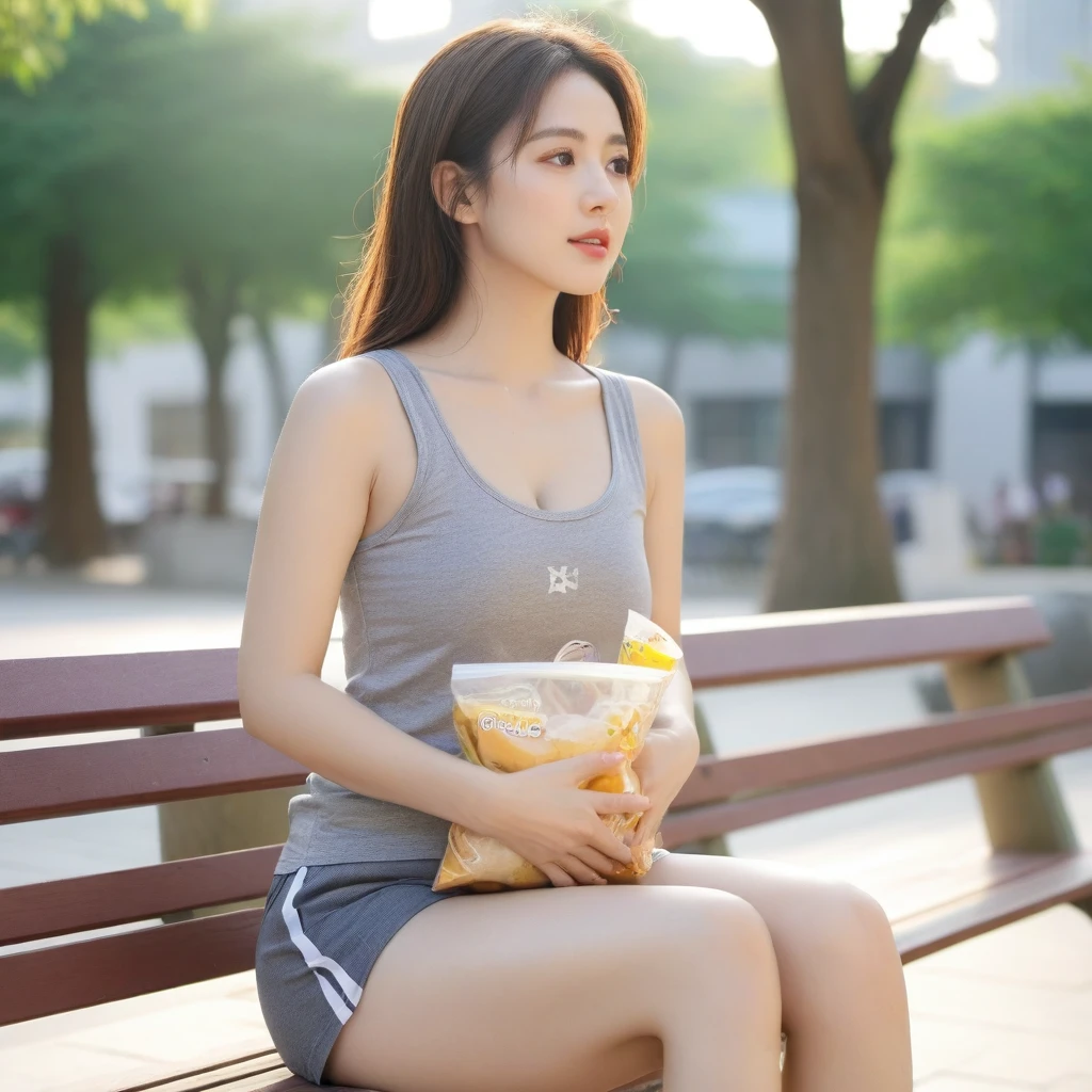 close-up of beautiful korean female, 34 inch breasts size, wearing gray tank top, shorts, sitting crosses legs on a bench, holding snack bag, sunshine light, bokeh background, UHD