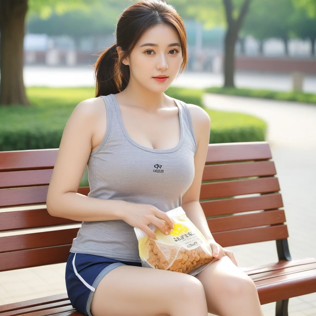 close-up of beautiful korean female, 34 inch breasts size, wearing gray tank top, shorts, sitting crosses legs on a bench, holding snack bag, sunshine light, bokeh background, UHD