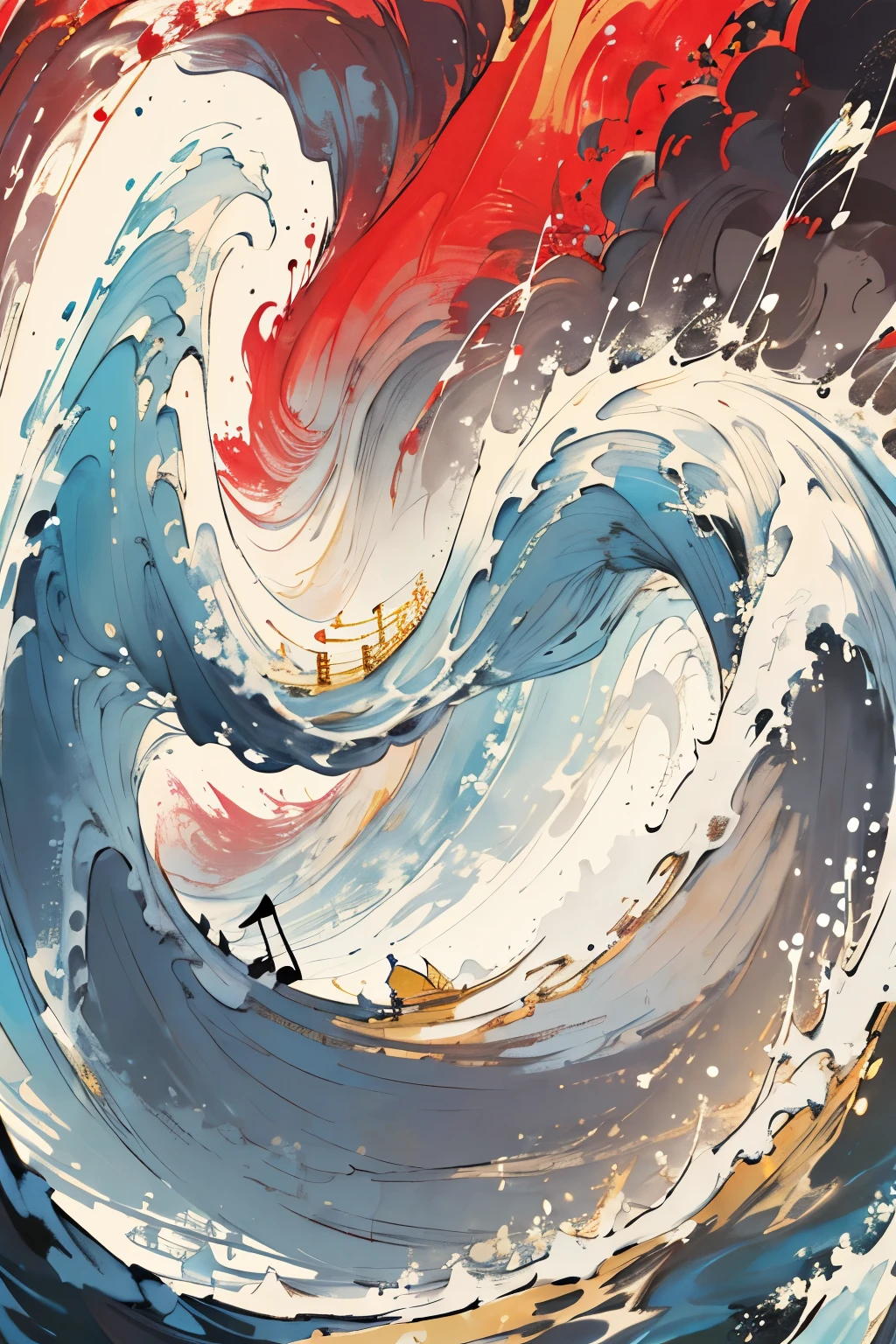 ((Best Quality)), ((Masterpiece)), (detailed), abstract poster, classical music, yellow, gold and red, a little music waves